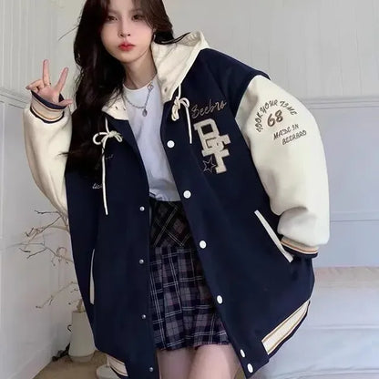 Women's Retro Embroidered Hooded Baseball Jacket