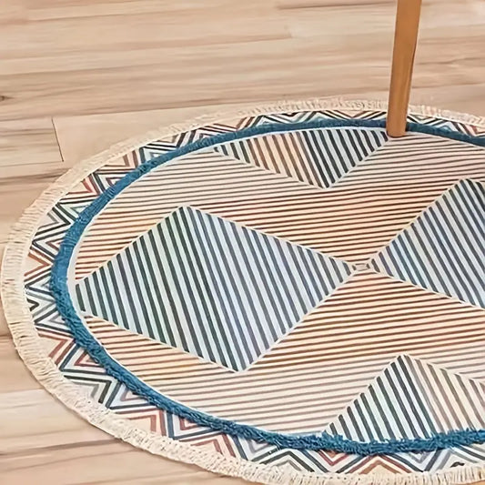 Tassel Round Rug in Cotton, Retro Ethnic Design (31.5in)
