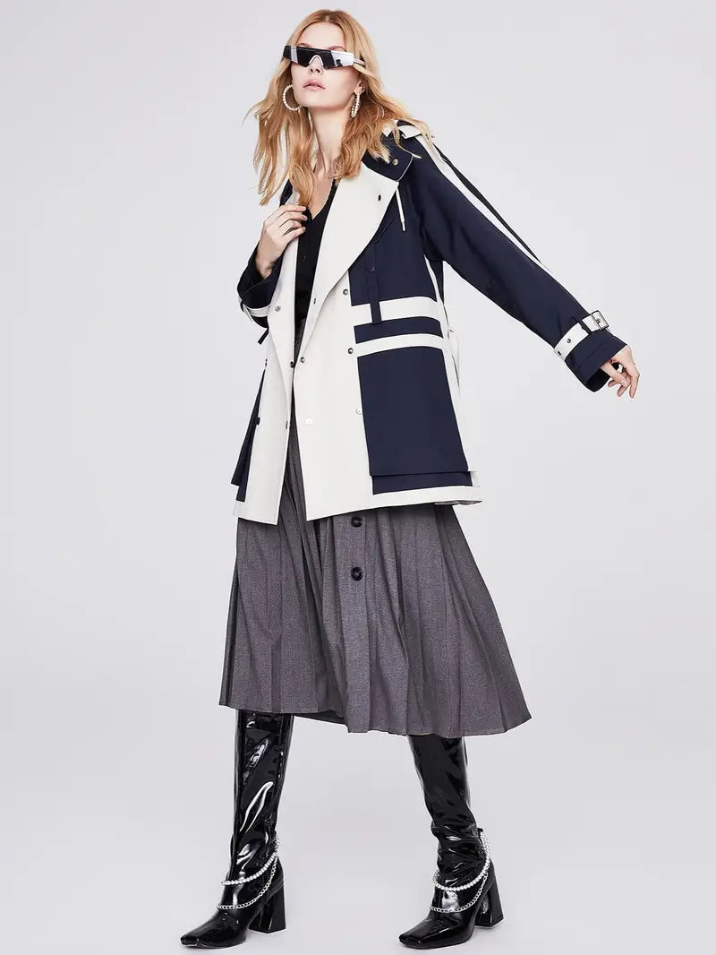 Women's Colorblock Double Breasted Trench Overcoat