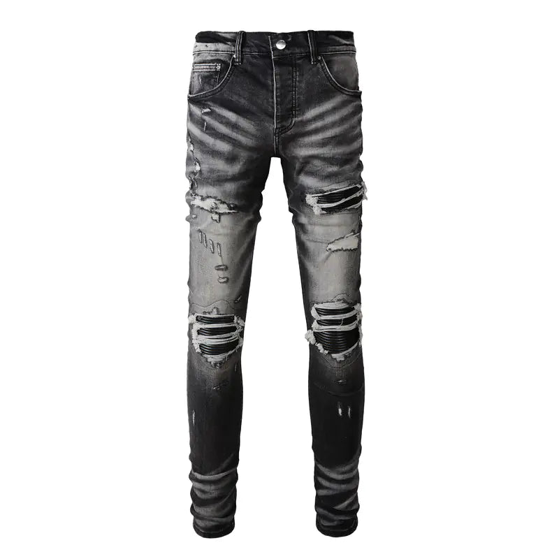 Men's Retro Black Gray Ripped Slim Fit Jeans