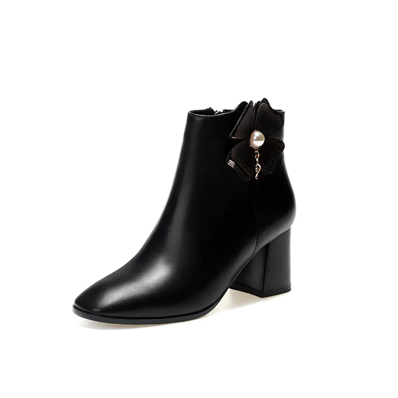 Women's Leather Ankle Boots with Square Toe and Chunky Heel