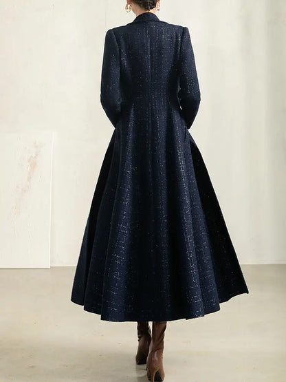 Women's Autumn Blue Plaid Wool Coat with Collar