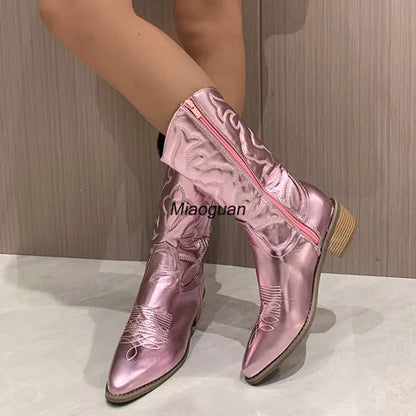 Women's Chic Gold Zip-Up Cowboy Boots