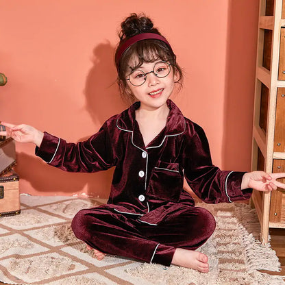 Gold Velvet Pajamas Set for Kids