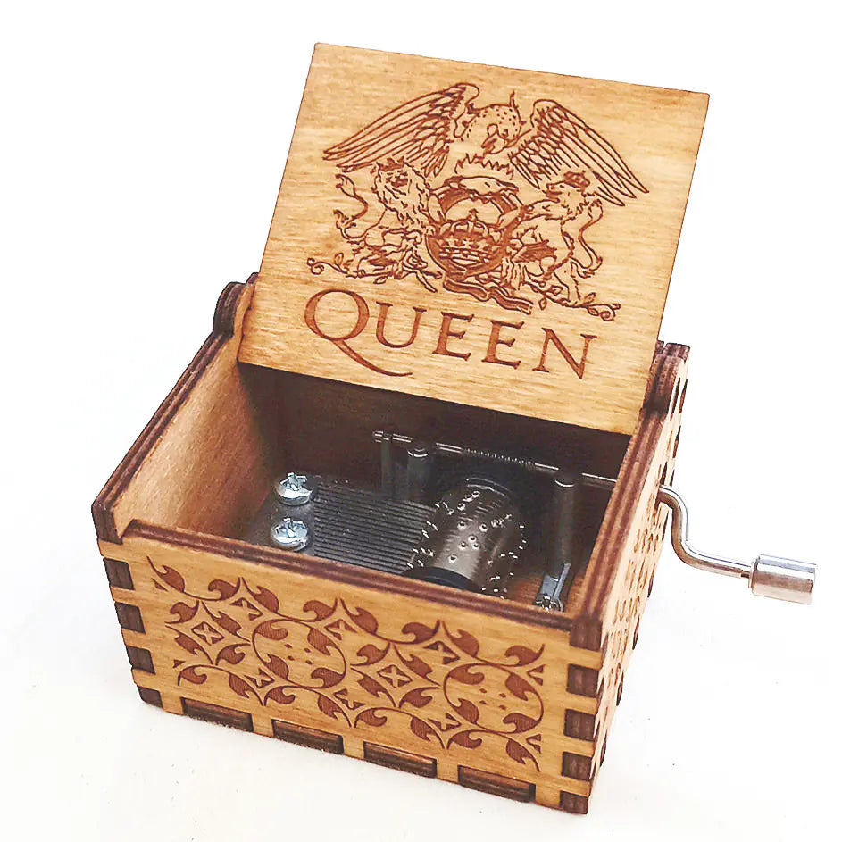 Queen Carved Music Box - Classic Hand-Crank Wooden Box