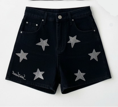 Women's Light Luxury Silver Black Rhinestone Shorts