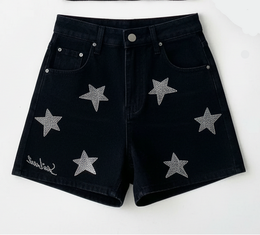 Women's Light Luxury Silver Black Rhinestone Shorts