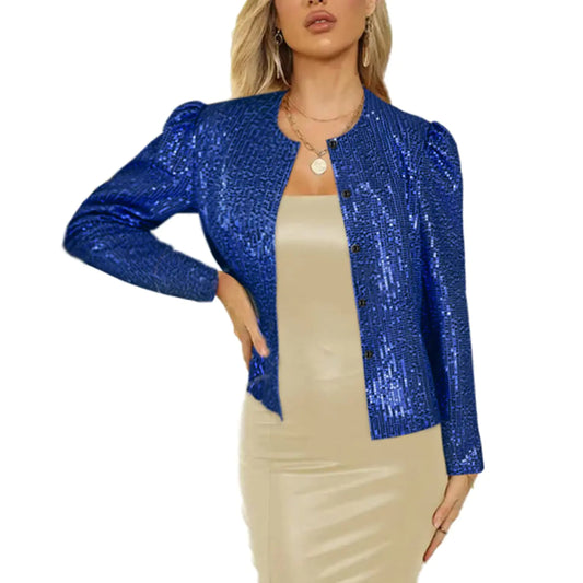 Womens Sequin Jacket Button Up Long Sleeved Disco Sparkling Top(Z2344BUS)