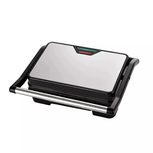 Black and silver sandwich maker on a white background