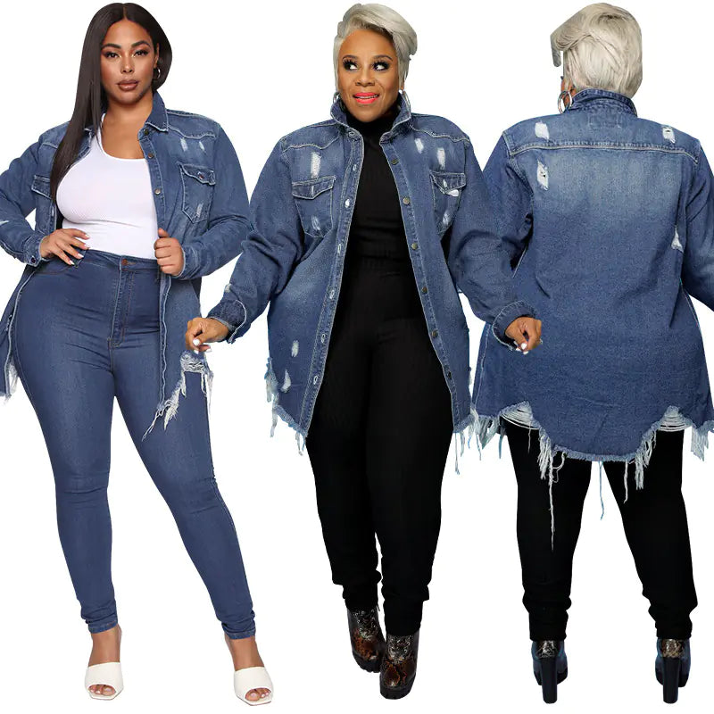 Chic Ripped Denim Trench for Women